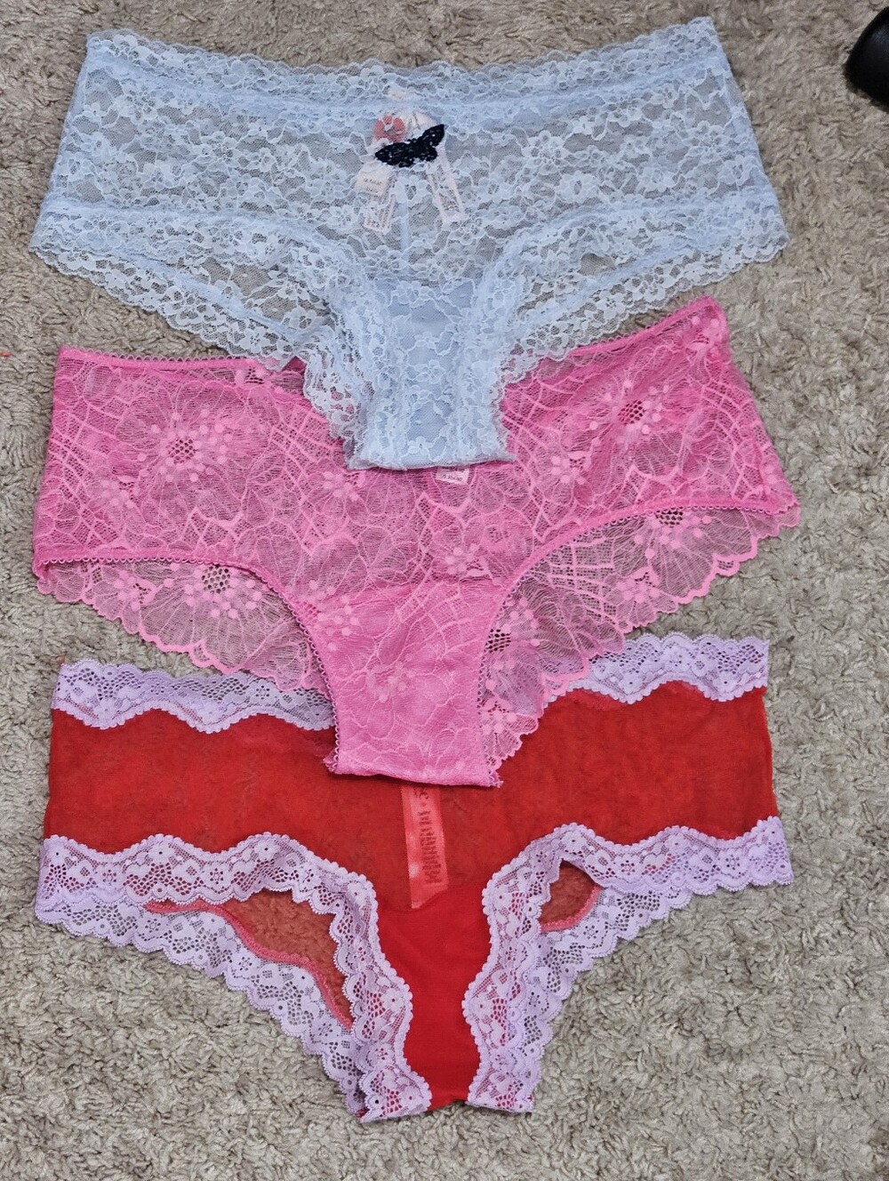 Victorias Secret PINK Lace Cheeky Panty Trio - Light Blue, Pink & Red XL NWT